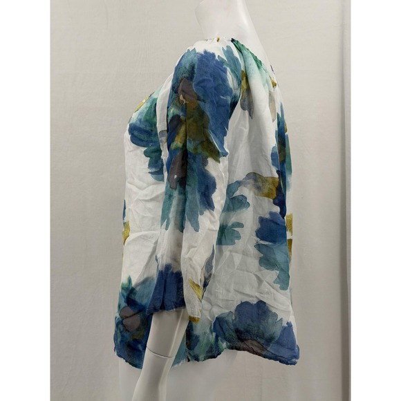 Habitat Top Womens Medium Blue White Watercolor Linen Blend Peasant Abstract Art - Picture 4 of 10